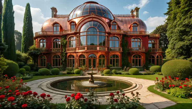 photo of a palace with a garden and red roses in front of it, inspired bybeautiful  large copper and glass dome house, detailed photo 4 k, inspired by Guido Borelli da Caluso, beautiful art uhd 4 k, old English countryside exterior, beautiful digital artwo...