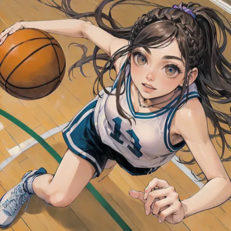  masterpiece, (textured skin), best quality, gorgeous beautiful girl, (a female basketball athlete), detailed clothes,large breasts,narrow waist,, (beautiful face), cinematic lighting, (at basketball venue ),