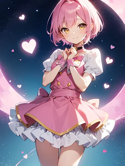 Pink Hair、short hair、Yellow Eyes、Magical Girl Clothes:1.2、Pink Skirt、Cute smile、Mouth closed、Anime Style:1.1、Small heart mark、A background like the night sky