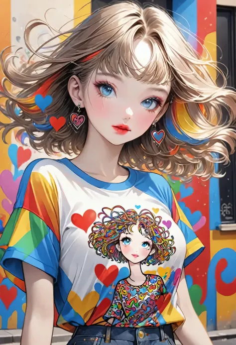 Ultra-realism Keith Haring colorful style, Simple Line Initialism，Abstract art，(((The most beautiful girl of all time))), Sweet face. Lips in love, colorful hearts, stylish design, 夏のオシャレなTシャツ, 黒い瞳, walking, Paris