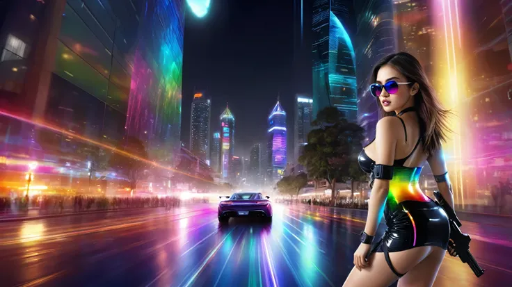 Estilo: arte conceitual. A cena: Futuristic cityscapes with colorful all-glass towering skyscrapers, sleek aerodynamic vehicles speeding through the air, rainbow colors waterfalls. High-resolution OLED GUI interfaces in the building, The windows are filled...