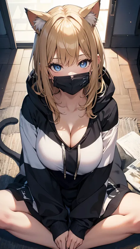 masterpiece,Noise Reduction,perfect anatomy,high resolution, ultra-detailed, ultra-detailed face,game cg,dutch angle ,beautiful detailed eyes,visualart,five fingers, perfect hands, perfect lighting, sparkling pupils,1girl,(chibi),large breasts,black hoodie...