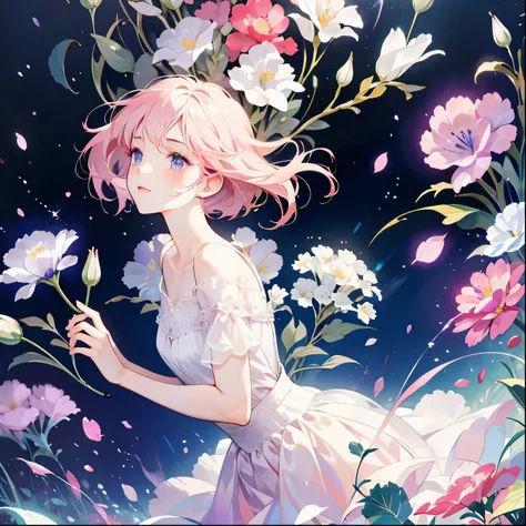 1girl,flower, Lisianthus ,in the style of light pink and light azure, dreamy and romantic compositions, pale pink, ethereal foliage, playful arrangements,fantasy, high contrast, ink strokes, explosions, over exposure, purple and red tone impression , abstr...