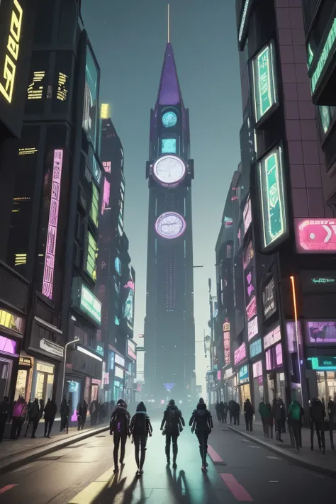 people walking in a city at night with a large clock tower in the background, in a futuristic cyberpunk city, futuristic cyberpunk scenario, arstation and beeple highly, in fantasy sci - fi city, sci-fi cyberpunk city street, busy cyberpunk metropolis, 3 d...