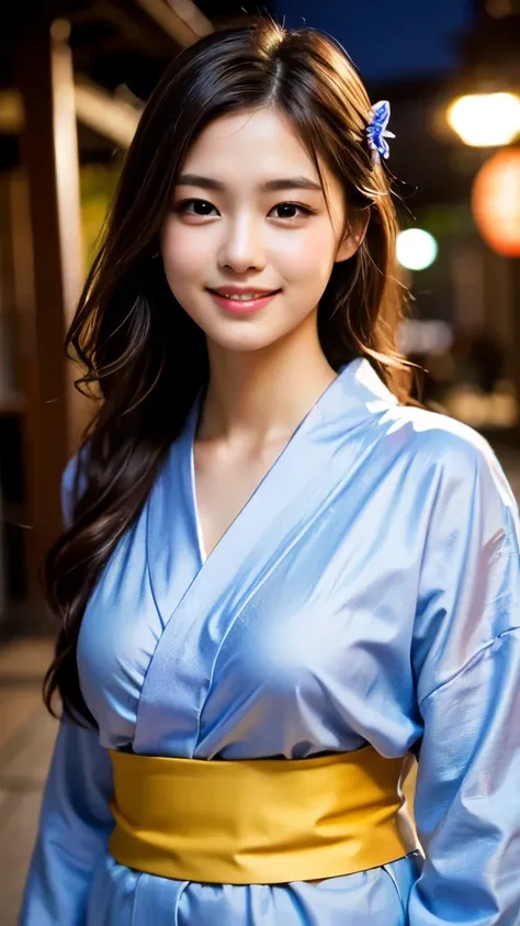 8k,Highest quality,(masterpiece:1.2),(Realistic),(Realistic:1.37),Ultra-high resolution,1 female college student,festival,night,smile,Beautiful Eyes,(((Cute Yukata))),Perfect body,Perfect Fingers,Professional Lighting,gravure,Detailed face and skin texture...