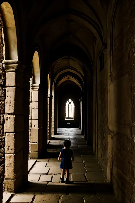 two fifteen year olds and a nine year old girl exploring an abbey, dark atmosphere, spooky place, darkness, eerie shadows, ancie...