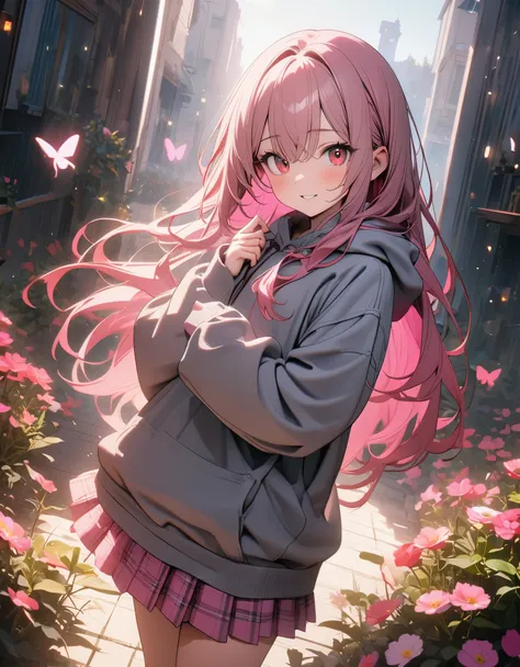 (8K, best quality, master piece: 1.2),super high resolution,1 idol,solo,16yo,ultra-detailed face,detailed eyes,red eyes,Hotpink hair,LightPink inner hair,long hair,Oversized grey hoodie,long sleeves,pink skirt in plaid skirt,Standing in cosmos garden,smile...