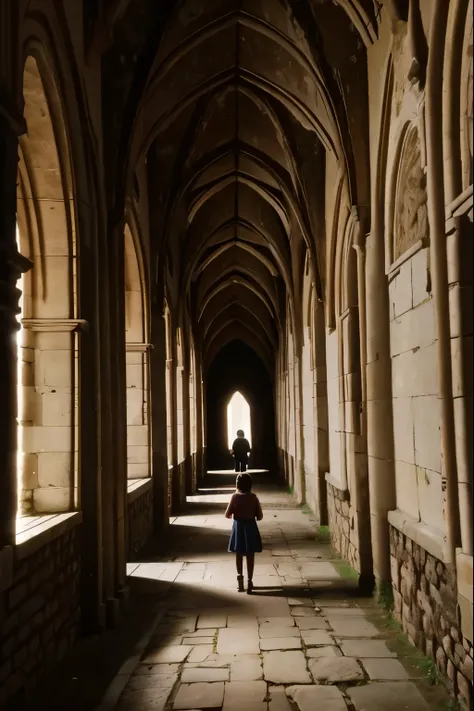 two fifteen year olds and a nine year old girl exploring an abbey, dark atmosphere, spooky place, darkness, eerie shadows, ancient ruined medieval frescoes on the walls