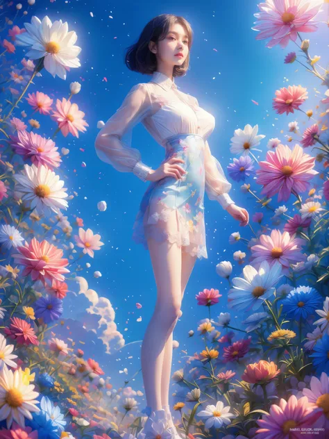 movie photo solo,1 girl,,lace-edged_skirt,two colors_pantyhose,big breasts,(colored hair:0.1),beautiful girl standing on flowers...