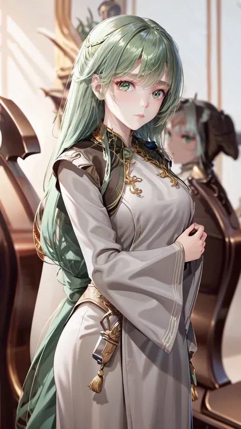 "A young woman with long, flowing green hair that cascades down her back, tied with a ribbon. She has delicate, fair skin and bright, expressive eyes that sparkle with a hint of mischief and intelligence. Her attire is an elegant, traditional Chinese dress...