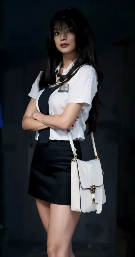 (masterpiece, best quality, beautiful quality, photorealistic, detailed lighting, extremely detailed skin, extremely detailed hair, shadows, 8k, a picture of a woman, black hair, upper body, 1girl, looking at viewer, fcPortrait:1.2),