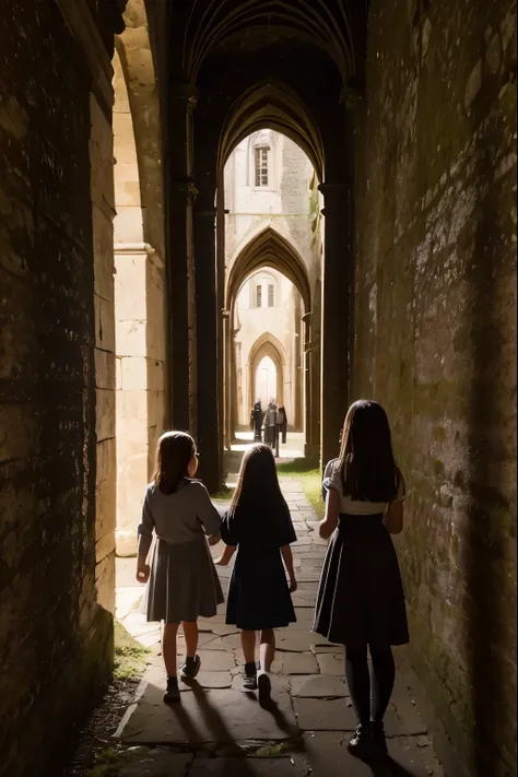 two fifteen year olds and a nine year old girl exploring an abbey, dark atmosphere, spooky place, darkness, eerie shadows, ancient ruined medieval frescoes on the walls
