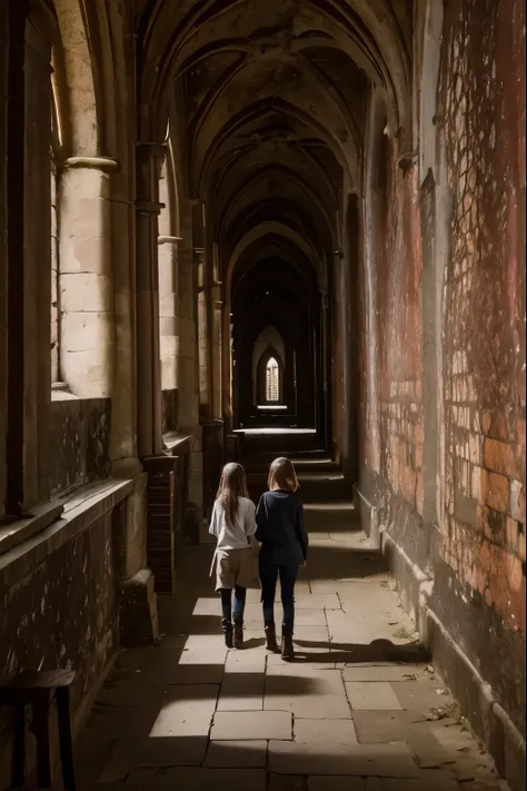 two fifteen year olds and a nine year old girl exploring an abbey, dark atmosphere, spooky place, darkness, eerie shadows, ancient ruined medieval frescoes on the walls, they wear trousers and boots
