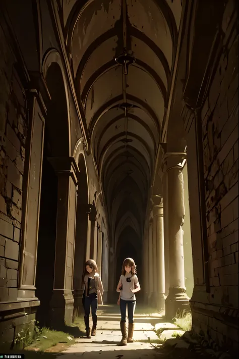 two fifteen-year-old girls and a nine-year-old girl explore a ruined abbey, dark atmosphere, spooky place, darkness, eerie shadows, ancient ruined medieval frescoes on the walls, wearing trousers and boots