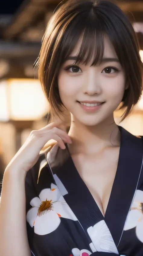 8k,Highest quality,(masterpiece:1.2),(Realistic),(Realistic:1.37),Ultra-high resolution,1 female college student,festival,night,smile,Beautiful Eyes,(((Cute Yukata))),Perfect body,Perfect Fingers,Professional Lighting,gravure,Detailed face and skin texture...