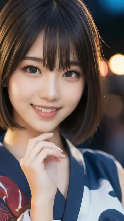 8k,Highest quality,(masterpiece:1.2),(Realistic),(Realistic:1.37),Ultra-high resolution,1 female college student,festival,night,smile,Beautiful Eyes,(((Cute Yukata))),Perfect body,Perfect Fingers,Professional Lighting,gravure,Detailed face and skin texture...