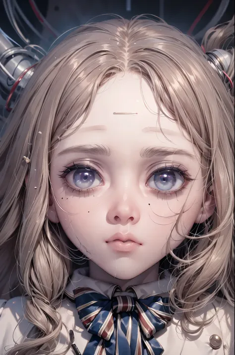 white female humanoid robot、ｍ3gen、horror、half-body photo、double eyelid、dark eyes devoid of light、lips stained with blood、small n...