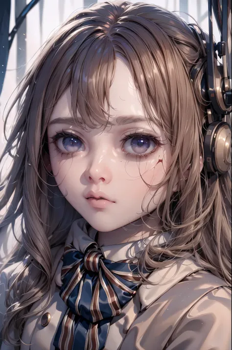 An oil-stained female humanoid robot、Ｍ3GEN、Horror、Half-body photo、double eyelid、Disheveled Hair、Dark eyes devoid of light、Lips stained with blood、Small Nose、Expressionless、Face close-up、Ultra-high resolution、Super detailed、Dirty clothes、A large amount of b...