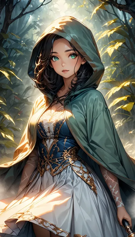 ((Thick Fog:2, Lost in the mist, Deep in the mist of the forest)), The magical witch in the mist、Beautiful detailed eyes、Beautiful detailed lips、Very detailedな顔と特徴、Long eyelashes、The beautiful porcelain skin、Complex lace dresses、Cloak with hood、Shining mag...