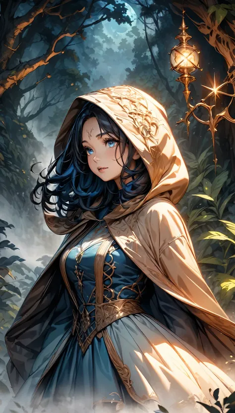 ((Thick Fog:2, Lost in the mist, Deep in the mist of the forest)), The magical witch in the mist、Beautiful detailed eyes、Beautiful detailed lips、Very detailedな顔と特徴、Long eyelashes、The beautiful porcelain skin、Complex lace dresses、Cloak with hood、Shining mag...