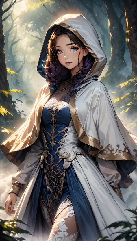 ((Thick Fog:2, Lost in the mist, Deep in the mist of the forest)), The magical witch in the mist、Beautiful detailed eyes、Beautiful detailed lips、Very detailedな顔と特徴、Long eyelashes、The beautiful porcelain skin、Complex lace dresses、Cloak with hood、Mysterious ...