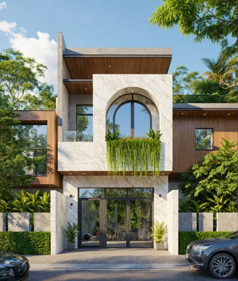 Raw photo,Masterpiece, high quality, best quality, authentic, super detail,
exterior, outdoors, house style modern on the street, marble wall level 1,glass windows, gate, wooden ceiling,
road,pavement, trees, sky, cloud, (daylight:1.1)