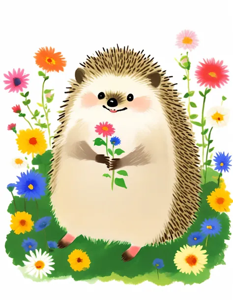 masterpiece, high quality, a hedgehog, chilling, hand drawing, illustration, flowers, white background