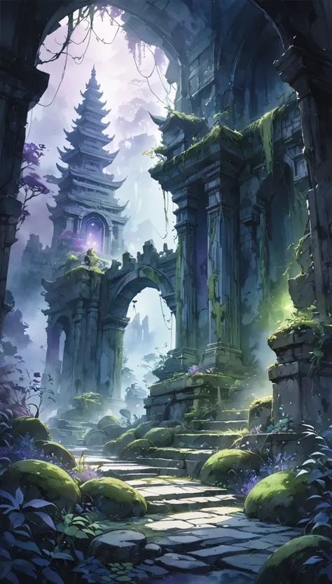 Lush and overgrown misty forest、Stone temples and castles of ancient ruins、Overgrown with vines、covered in moss、A crumbling building、Mysterious atmosphere、Dramatic lighting、Dramatic fog effect、Moody blue and purple hues、(Highest quality、4K、8k、High resoluti...