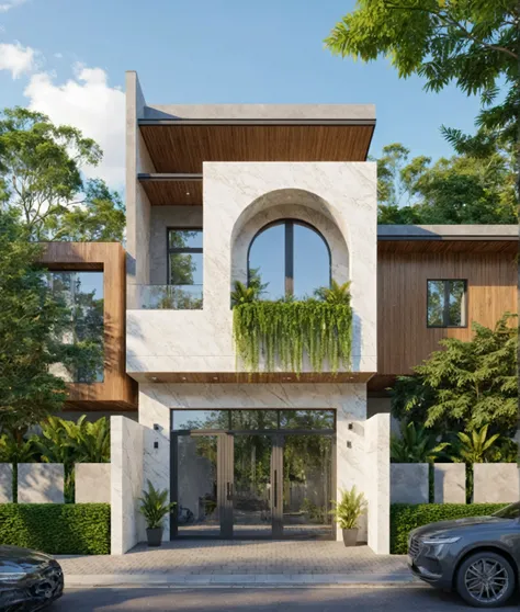 Raw photo,Masterpiece, high quality, best quality, authentic, super detail,
exterior, outdoors, house style modern on the street, marble wall level 1,glass windows, gate, wooden ceiling,
road,pavement, trees, sky, cloud, (daylight:1.1)