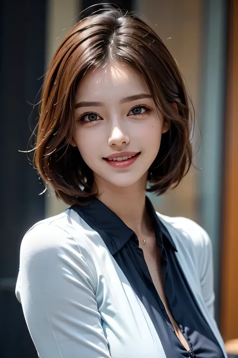 ((masterpiece)), ((Highest quality)), ((Complex)), ((Surreal)), (Realistic), (Mature Woman), ((No classes)), Very detailed, (1 female), Beautiful and exquisite, (Beautiful Teeth), Grin, Brunette bob hair, Brown eyes, ((blouse)), (Upper Body), (background:n...