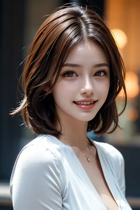 ((masterpiece)), ((Highest quality)), ((Complex)), ((Surreal)), (Realistic), (Mature Woman), ((No classes)), Very detailed, (1 female), Beautiful and exquisite, (Beautiful Teeth), Grin, Brunette bob hair, Brown eyes, ((blouse)), (Upper Body), (background:n...