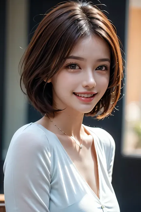 ((masterpiece)), ((Highest quality)), ((Complex)), ((Surreal)), (Realistic), (Mature Woman), ((No classes)), Very detailed, (1 female), Beautiful and exquisite, (Beautiful Teeth), Grin, Brunette bob hair, Brown eyes, ((blouse)), (Upper Body), (background:n...