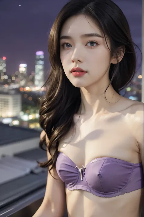 (((best quality))),(((ultra detailed))),(((masterpiece))),illustration,((1girl,Rui Kisugi,solo)),((slim,thin)),((small breasts,flat chest)),(shoulder-length straight bob:0.8),(strapless purple bra:1.5),(On the roof of skyscraper:1.3),(city view:1.2),(outdo...