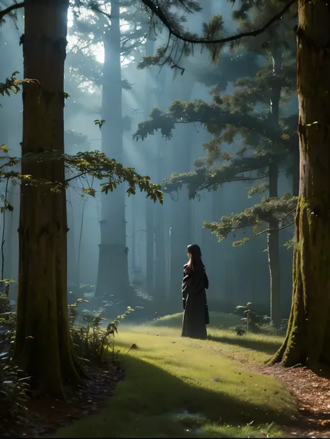 A serene night scene in a dense forest, with a beautiful witch standing in the middle. The witch wears a simple, elegant dark robe with long sleeves, blending harmoniously with the natural surroundings. Her expression is calm and thoughtful, exuding quiet ...