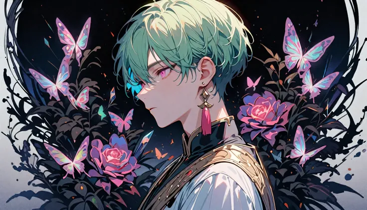 masterpiece, Male focus, 1 boy, solitary, green short hair, tassel earrings, tassel, jewelry, earrings, black flower background, pink eyes, short hair, crystal, Butterfly, Upper Body, Colorful hair,Pearlescent Rose,Personal,The eyes are depicted in great ...