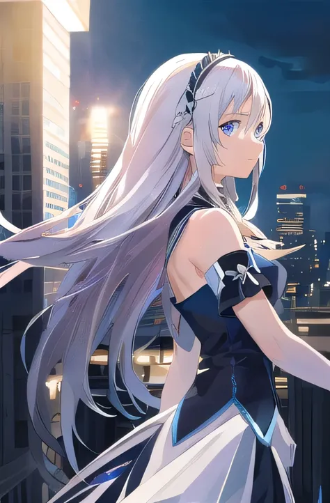 ((masterpiece)), ((best quality)), ((best illustration)), ((ultra-detailed)),((photorealistic color)), 1 lady, solo, teenager, absurdly long hair, silver hair, straight hair, ((blue eyes)), ((ultra detailed eyes)), ((ultra detailed face)), holding weapon, ...