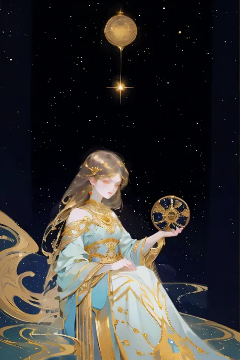 artwork, Surrealism, Very detailed, Intricate details, painting, best quality, Cosmic, Starry Sky, a lady holding a balance scale, the concept of the pound symbol, Golden Ratio, beautiful, 