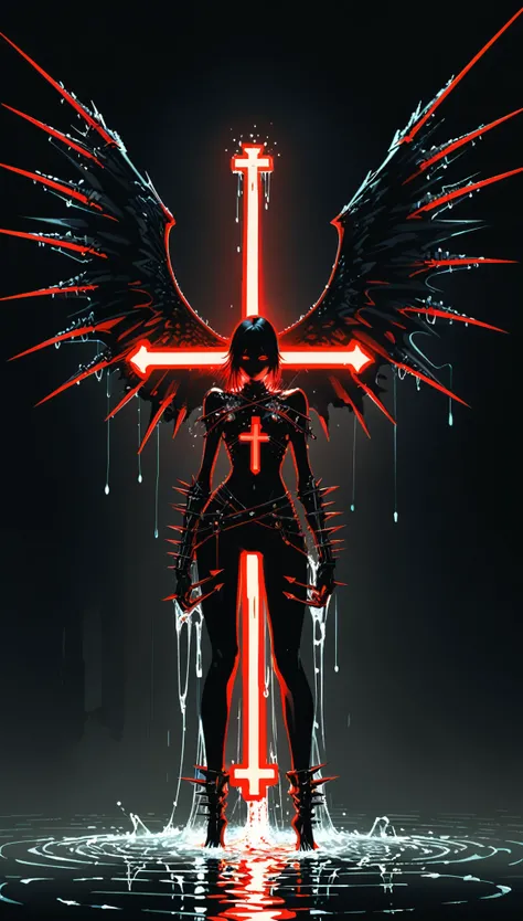 in style of Hans Hartung,in style by Kilian Eng
(1girl,character conceptual design,half body),gravure_pose,red eyes,(oversize black wings on back:1.3),glowing red fluorescent,armor,giant forearm,drops of water,waterline string,(irregular light cross spikes...