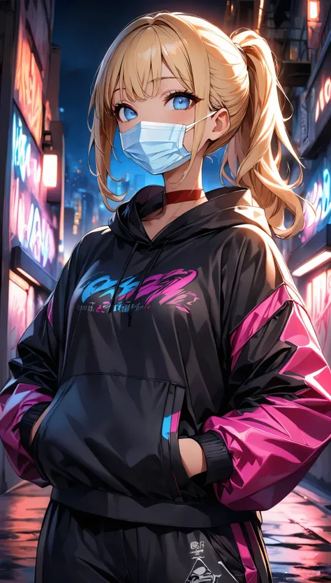 (Highest quality:1.2, Very detailed, up to date, Vibrant, Ultra-high resolution, High Contrast, masterpiece:1.2, Highest quality, Best aesthetics), (((1 person))), Blonde girl, blue eyes, ponytail, at night, surgical maskの着用, (surgical mask:1.2), Colorful ...