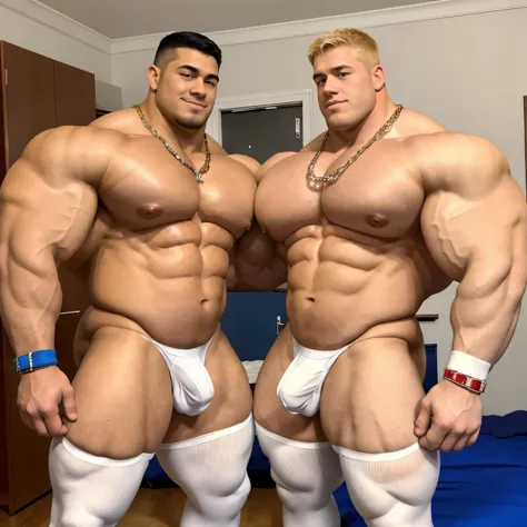 full body view, Two teenaged bodybuilders flexing their biceps in a front double biceps pose. Shirtless wearing white underwear and white socks, no shoes. In a dorm room. Handsome. One blonde, one brunett. Wide muscled shoulders. Thick pumped pecs. Huge ex...