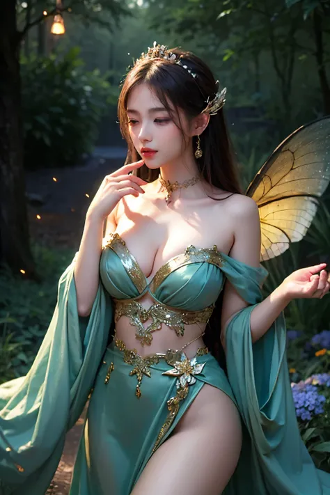 Beautiful fairy, surrounded by fireflies, ethereal and dreamy atmosphere