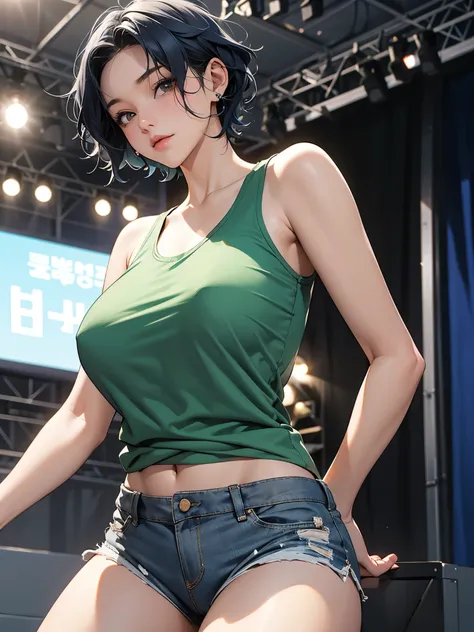 A fit young woman in her 20s. short curly blue hair, wearing a green tank top and grey shorts. on the stage. 카메라를 바라본다
huge boobs,she is walking .