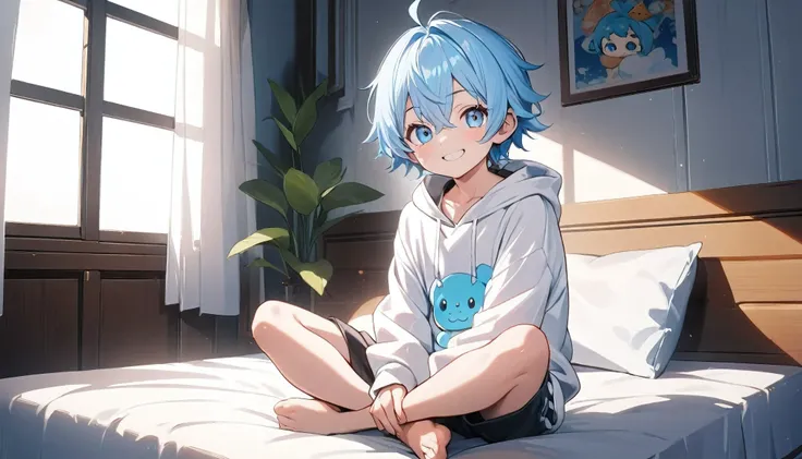 1 boy, (lettle boy), cute, kawaii, light blue hair, blue hair, shiny eyes, smiling face, white colors hoodie, black colors cotton shorts, bedroom, sitting, on bed, indian style crossed ankles, full body shot, window, perfect light detailed face, detailed e...