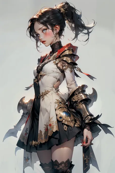 (((masterpiece, of the highest quality, super detailed))), (a female knight of an occult order), ((minimal but intricate beautiful armour)), ((dark hair)), ((ponytail, thick ponytail, heavy ponytail)), (((( Highly detailed face))), (((Very sharp focused ey...