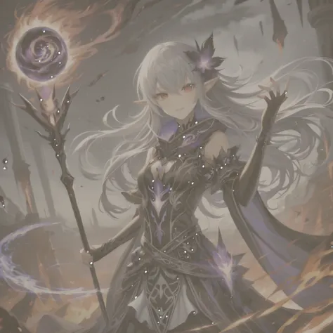 
masterpiece, High resolution, Highest quality, One person, solo, Create an anime-style fantasy artwork of a powerful elf woman with an apocalypse witch aesthetic, holding a staff with dark flames. She has long silver hair flowing wildly, and bright red ey...