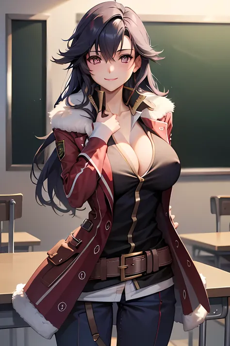 masterpiece, mischievous smile, light blush, looking at viewer, huge breasts, sexy pose, female rean schwarzer, long hair, red coat, fur trim, black shirt, brown belt, blue pants, nipples, detailed white classroom in the background