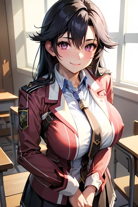 masterpiece, mischievous smile, light blush, looking at viewer, huge breasts, sexy pose, female rean schwarzer, long hair, school uniform, necktie, black skirt, nipples, detailed white classroom in the background