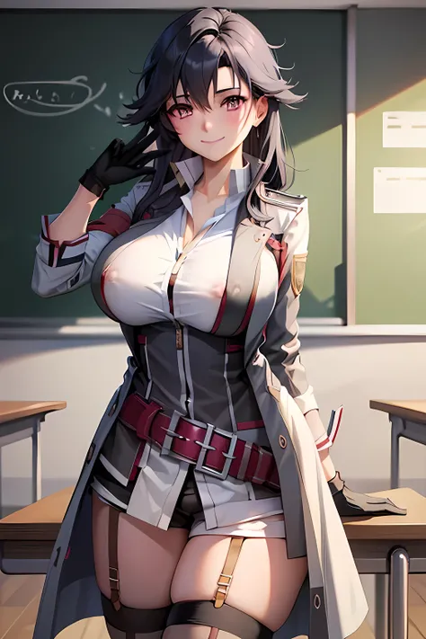 masterpiece, mischievous smile, light blush, looking at viewer, huge breasts, sexy pose, female rean schwarzer, long hair, white coat, black shirt, black gloves, thigh strap, red belt, black short shorts, nipples, detailed white classroom in the background