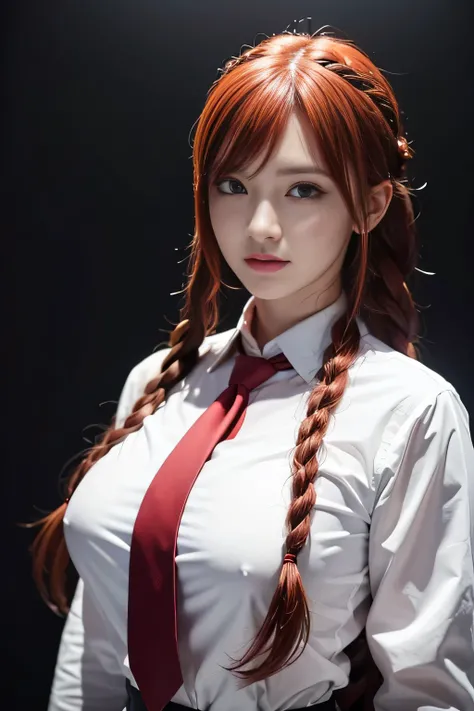 makima (chainsaw man), best quality, ultra detailed, 1girl, solo, standing, red hair, long braided hair, golden eyes, bangs, huge breasts, white shirt, necktie, stare, smile, (evil:1.2), looking at viewer, (interview:1.3), (dark background), from below, sh...