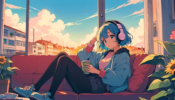  alone, lofi girl, lofi artstyle, lofi art, city, town, Anime Girl, woman sitting on a couch with headphones on and holding a cup, listening to music, listening to godly music, listening to music at 2 am, vibing to music, with headphones, relaxing mood, ea...